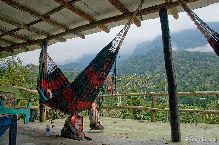 DSC_6659.JPG - Relaxing in a hammock with a very nice view from the veranda of the house of our guide 'Vivi', who showed us around this side of the National Park close to Choroni.